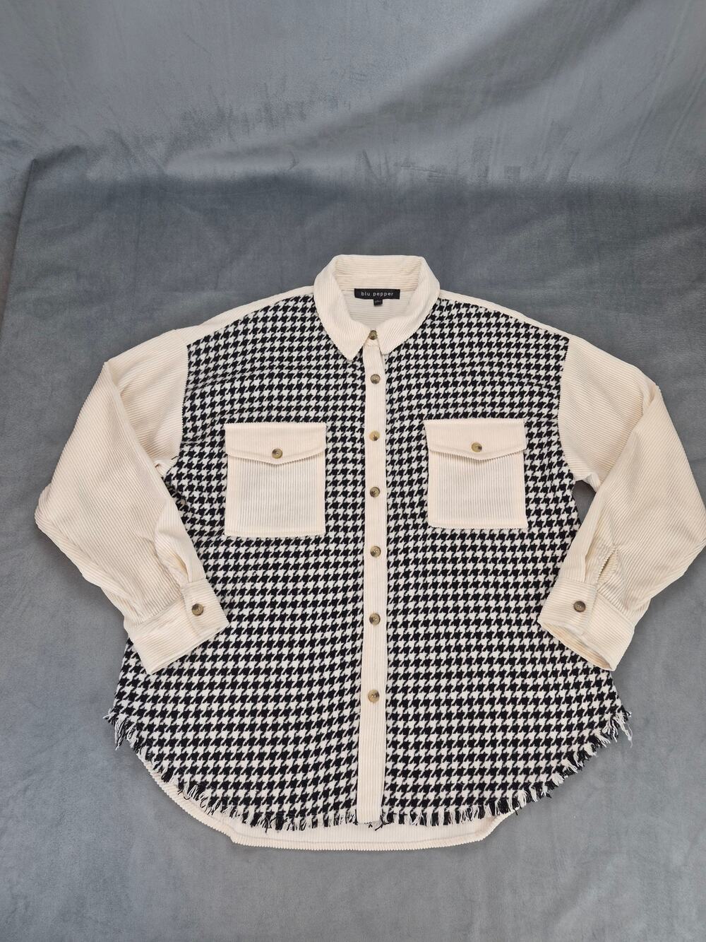 Blu Pepper Indie Boho Style Colorblock Houndstooth Corduroy Shacket Womens L